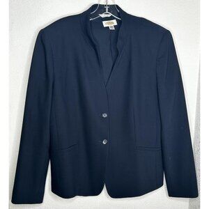 Talbots Jacket Womens 14 Navy Wool Blend Collarless 2 Button Blazer Lined Japan
